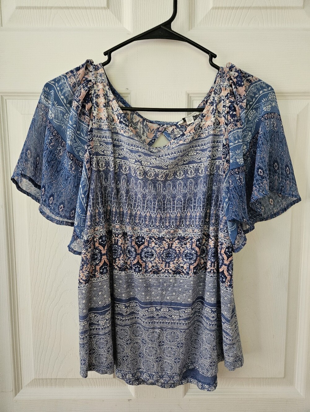 Lucky Brand Blue Floral Border Print Flutter Sleeve Top